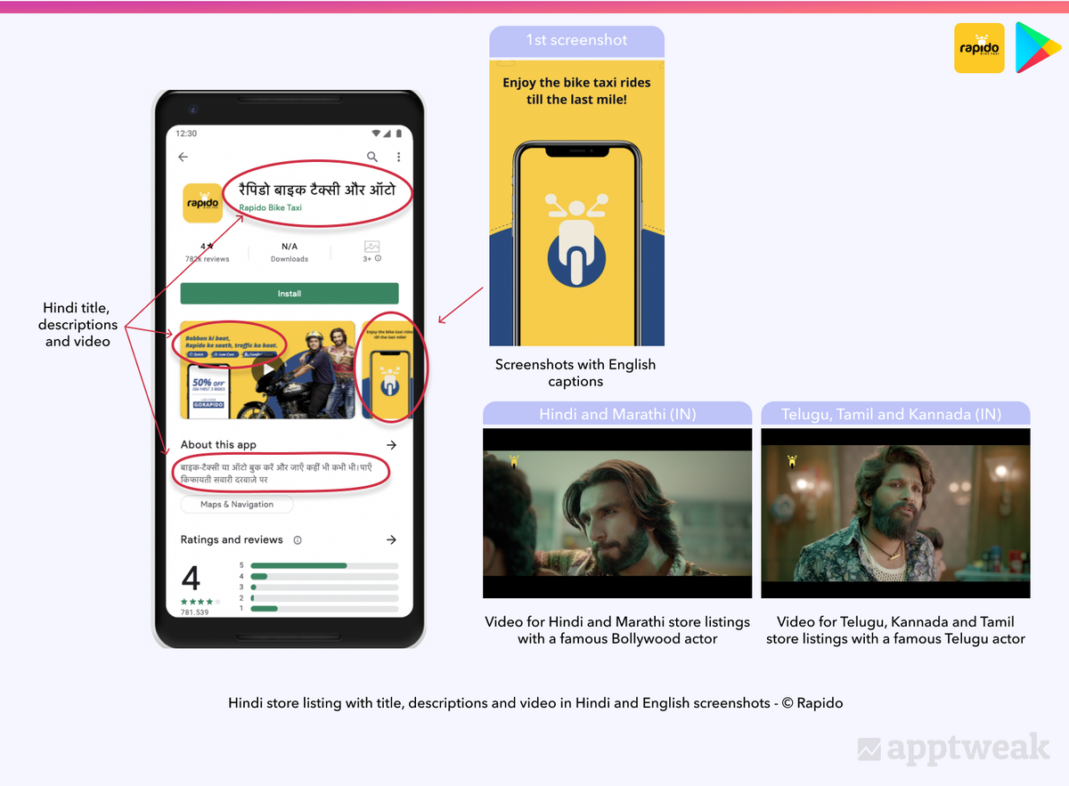 Rapido Hindi store listing on the Play Store.